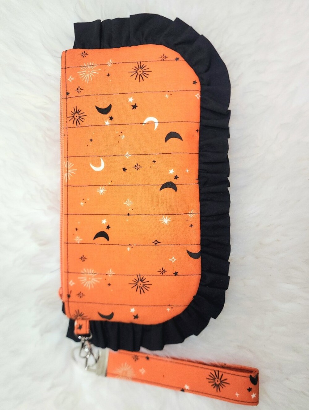 Fall Halloween Ruffled Wristlet With Keychain Lined Phone Sized Quilted Handmade